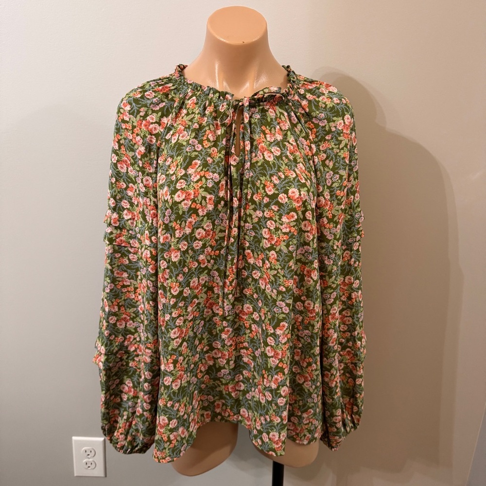 Heyson Floral Shirt Top Small Ruffle Balloon Sleeve Green Pink